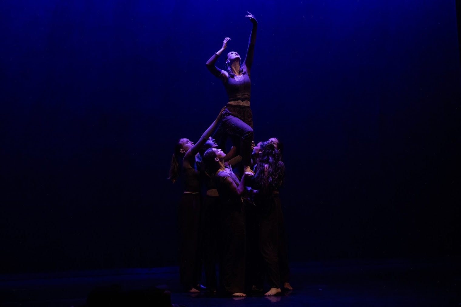 3 dansers dragen een ander danser op hun schouders, de bovenste danser grijpt met haar armen naar het licht boven haar