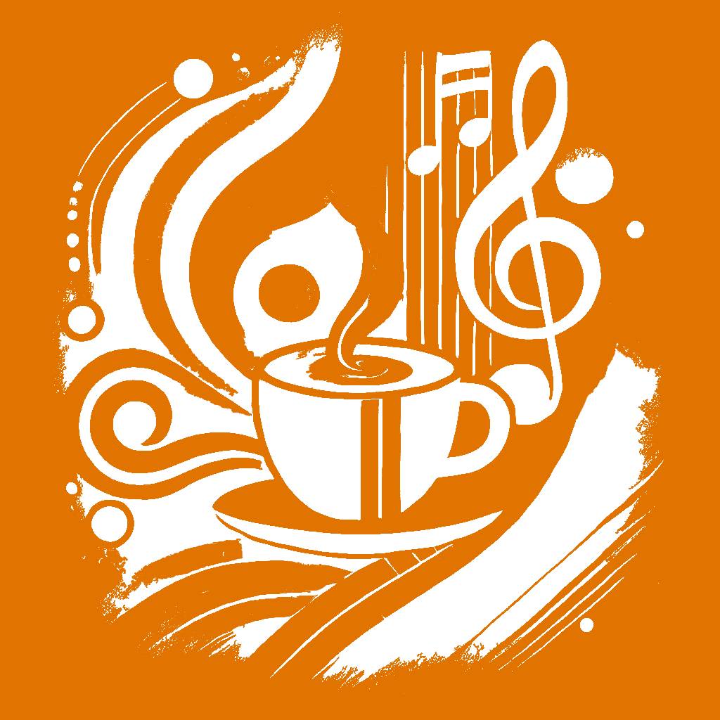 Witte illustratie koffie kop muzieknoten en vloeiende vormen op een warm oranje achtergrond.